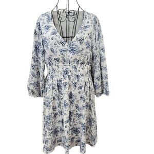 Lucky Brand Baby Doll Long Sleeve Dress Blue/White  Size L
